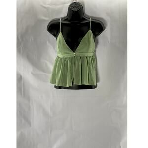 SHEIN Women's Green Two-Button Sheer Ruffle-Hem V-Neck Spaghetti Strap Top SZ L